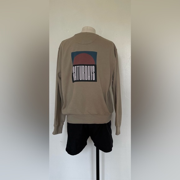 SATURDAYS NYC FRENCH TERRY BOWERY SUN CREW GRAPHIC SWEATSHIRT TAN BOYFRIEND - Picture 9 of 9